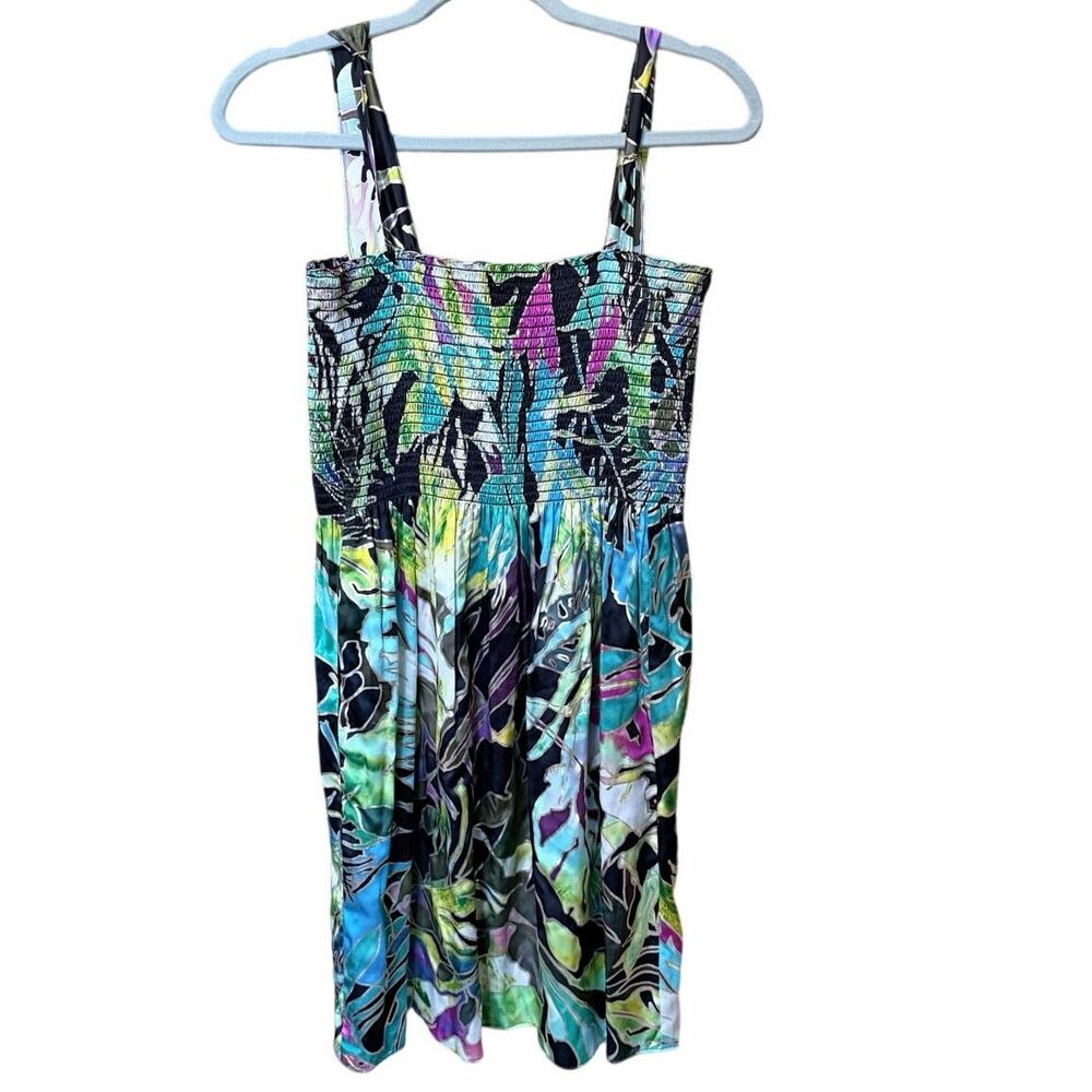 Vintage Cache black bold floral smocked 100% silk dress sleeveless large USA